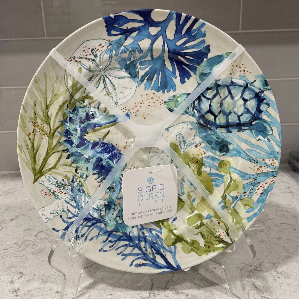 Set 4 SEA LIFE 11” Melamine Dinner Plates Sigrid Olsen Turtle Seahorse Coral